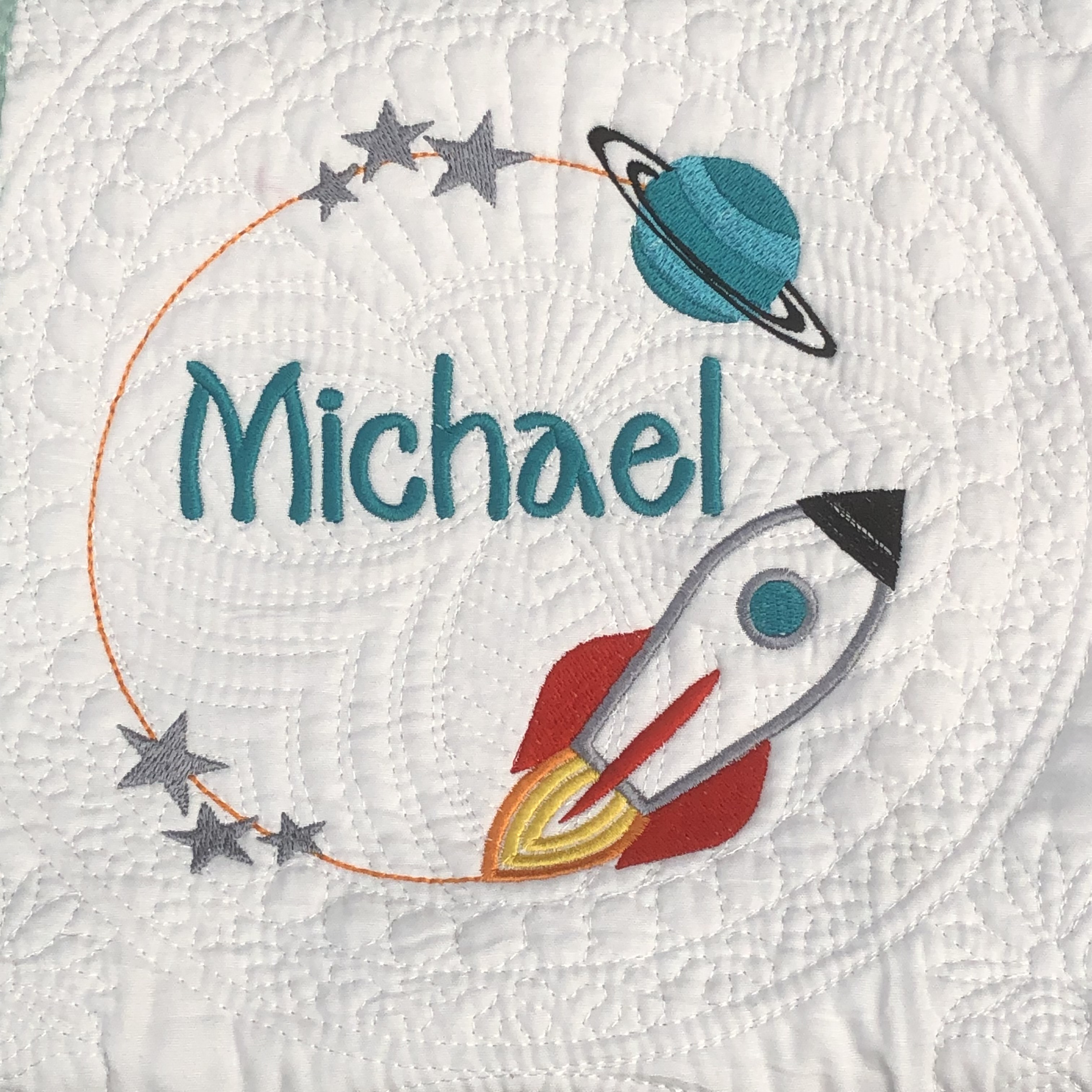 Personalised embroiderd  baby quilt teal border