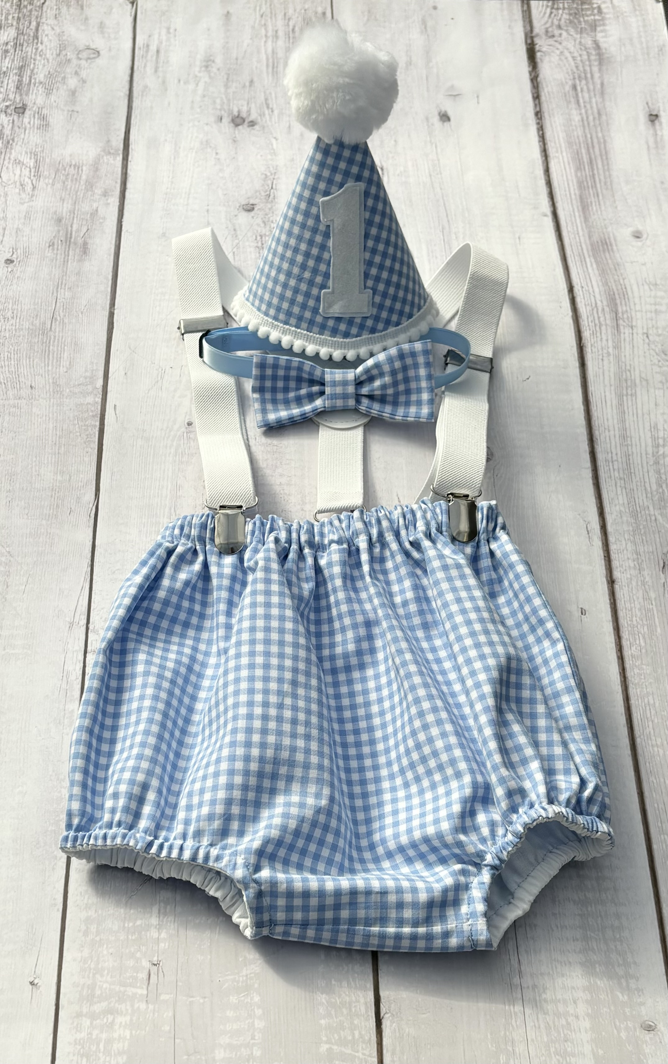 Light blue gingham 4 pc birthday outfit