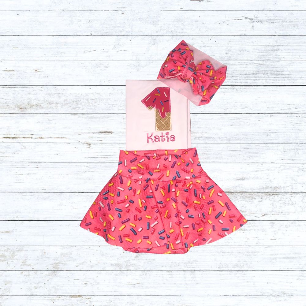 Girls icecream sprinkle Skirted bummies birthday outfit