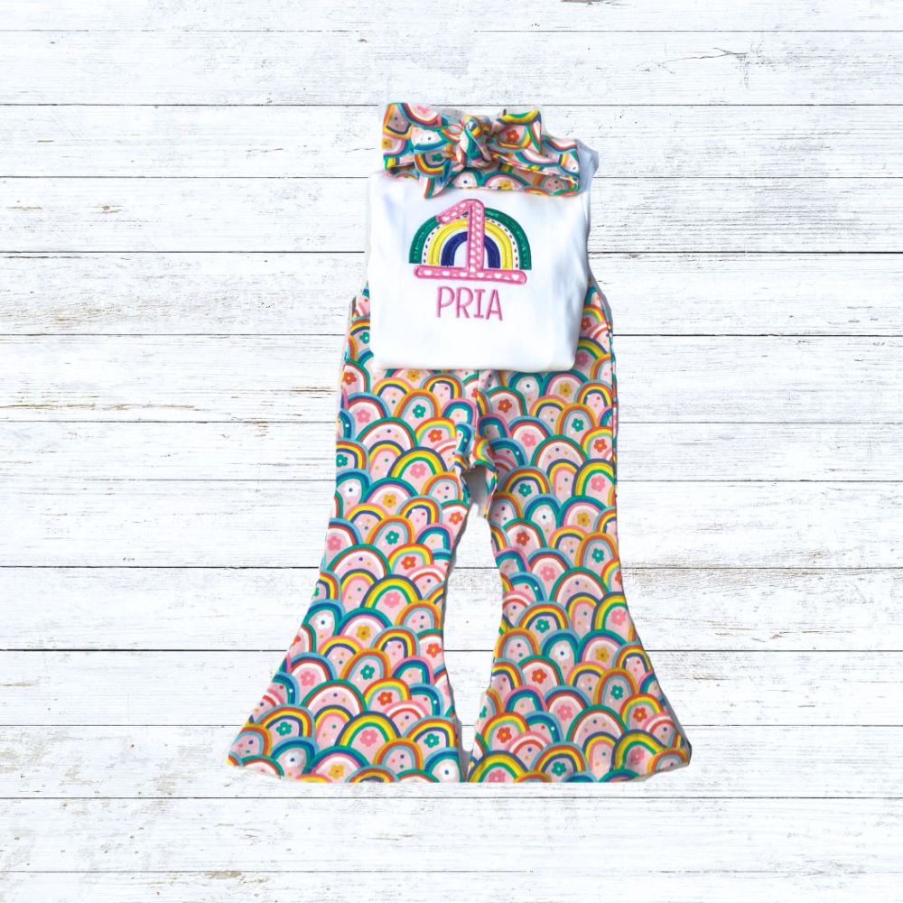 Girls rainbow bell bottom birthday outfit - bright