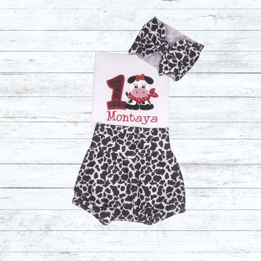 Girls cute cow bummies birthday outfit