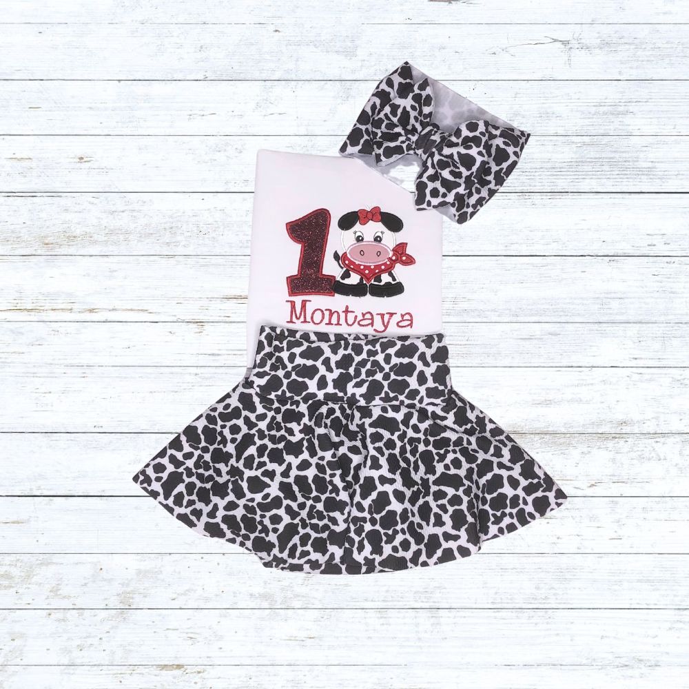 Girls cute cow Skirted bummies birthday outfit
