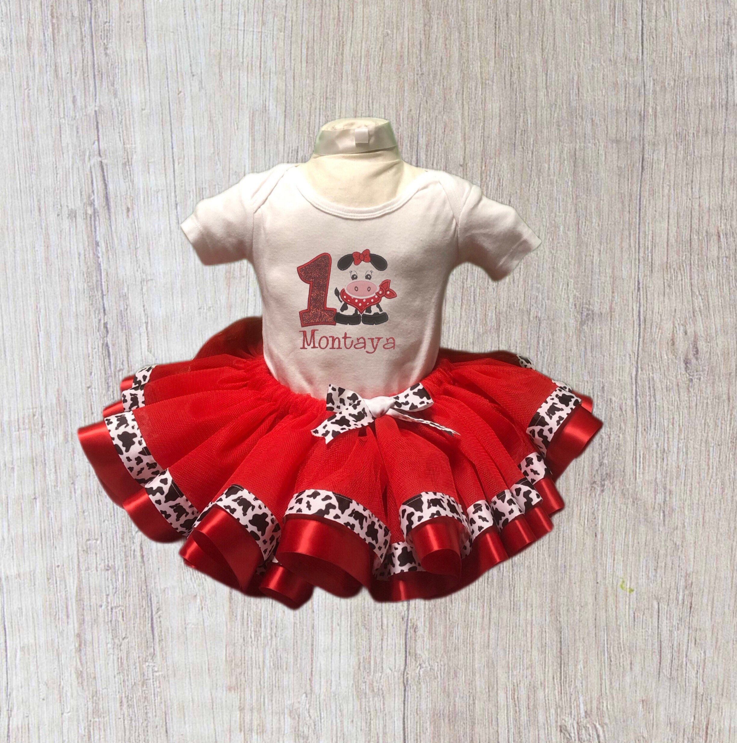 Personalised girls cow birthday outfit - red