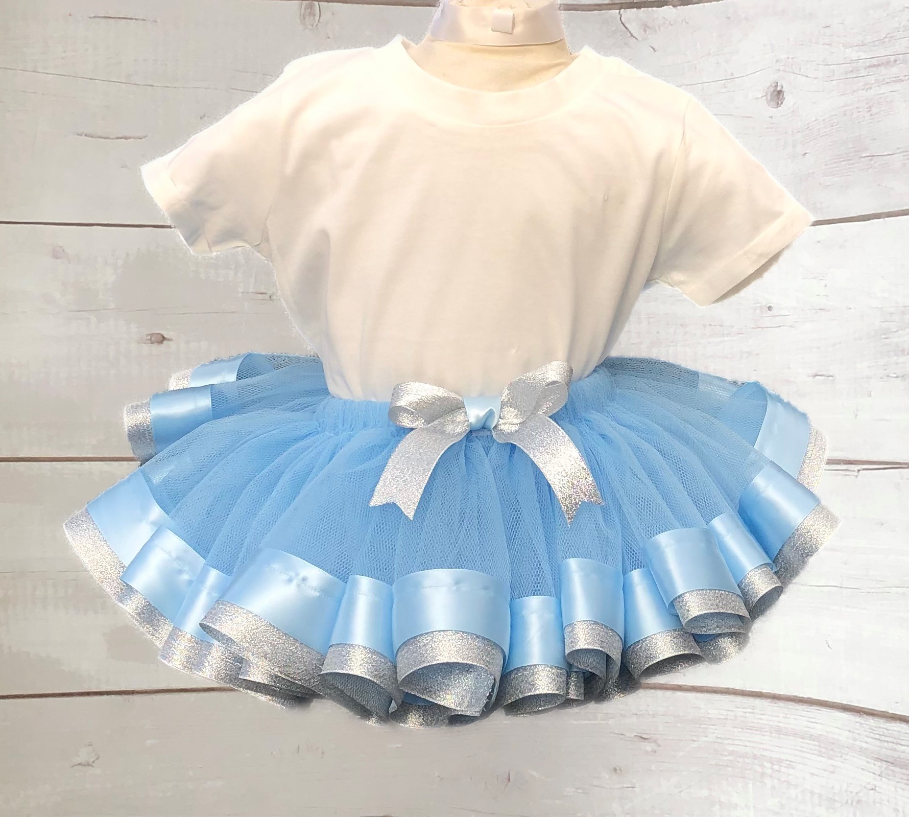  Ribbon trim tutu-blue tulle silver blue ribbon