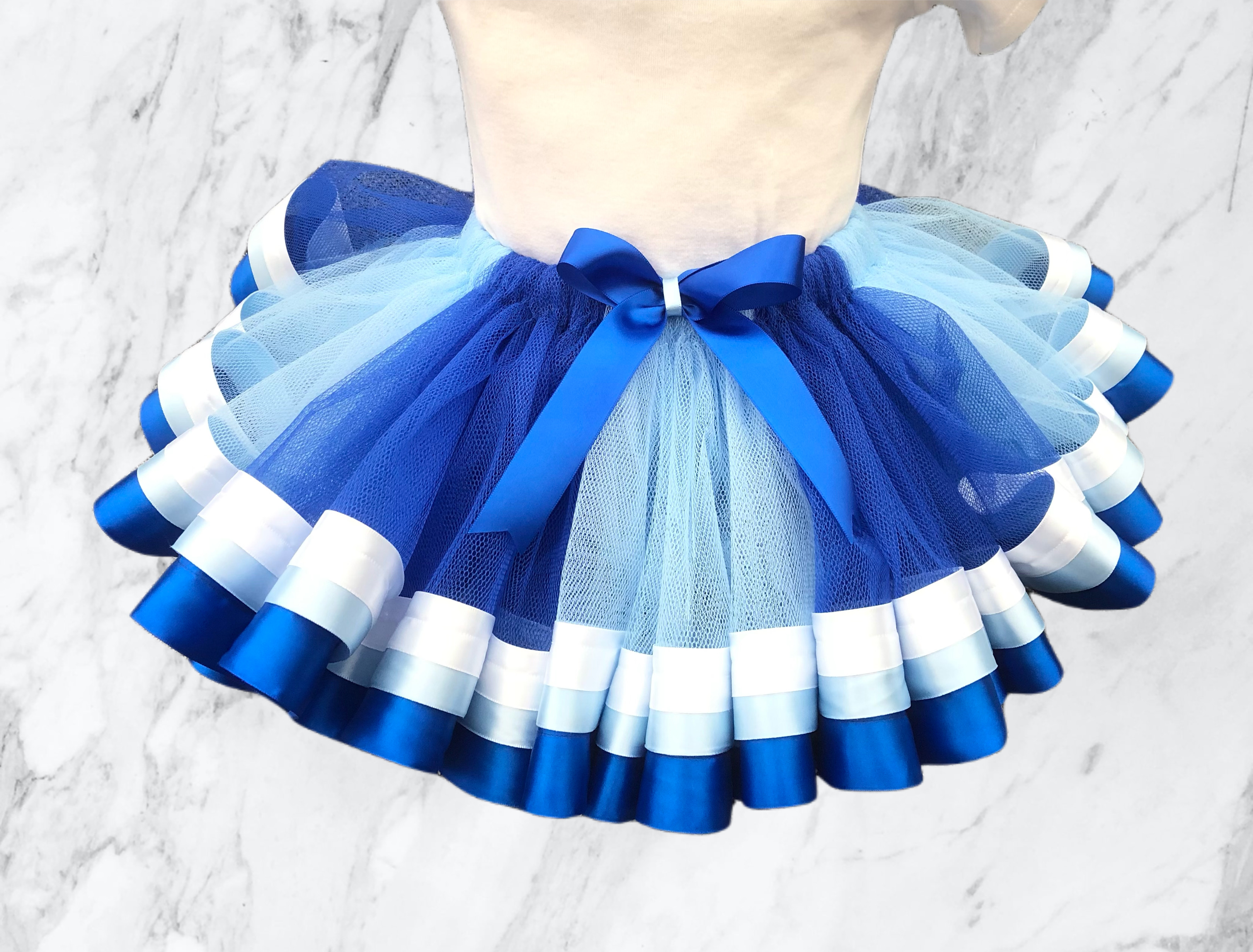  Ribbon trim tutu- blue tulle white light and royal blue ribbon