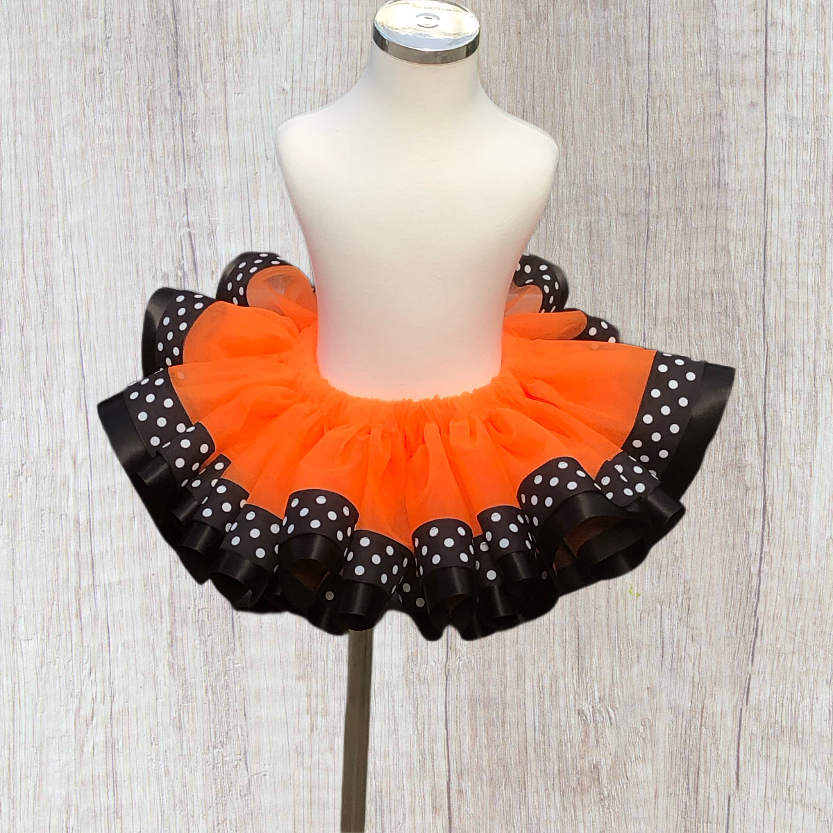  Ribbon trim tutu- orange tulle black and polka dot ribbon