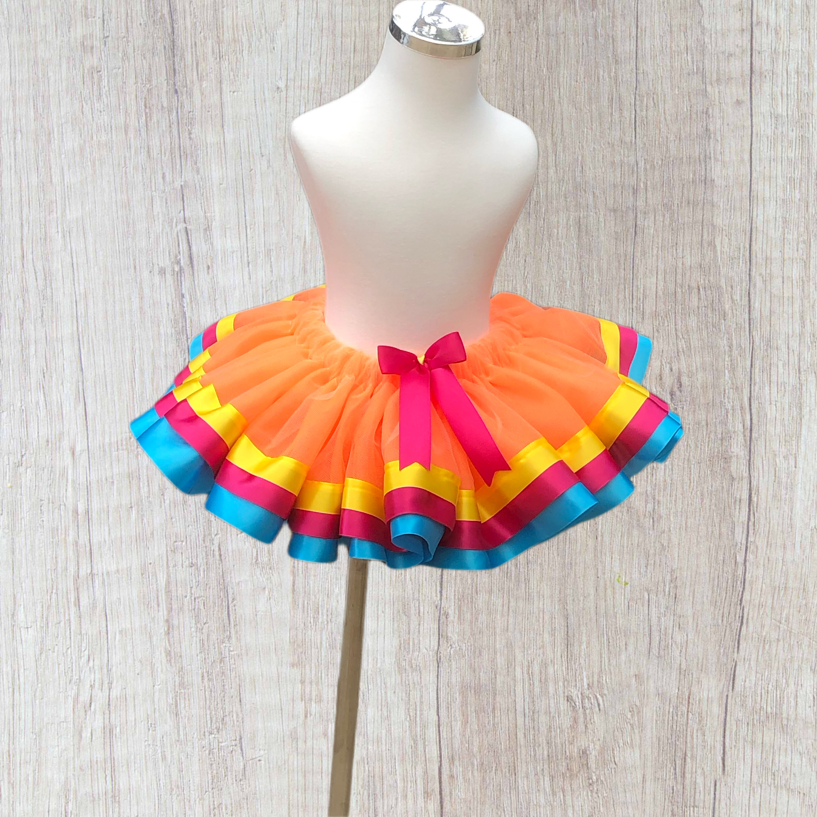  Ribbon trim tutu-orange tulle aqua pink yellow ribbon