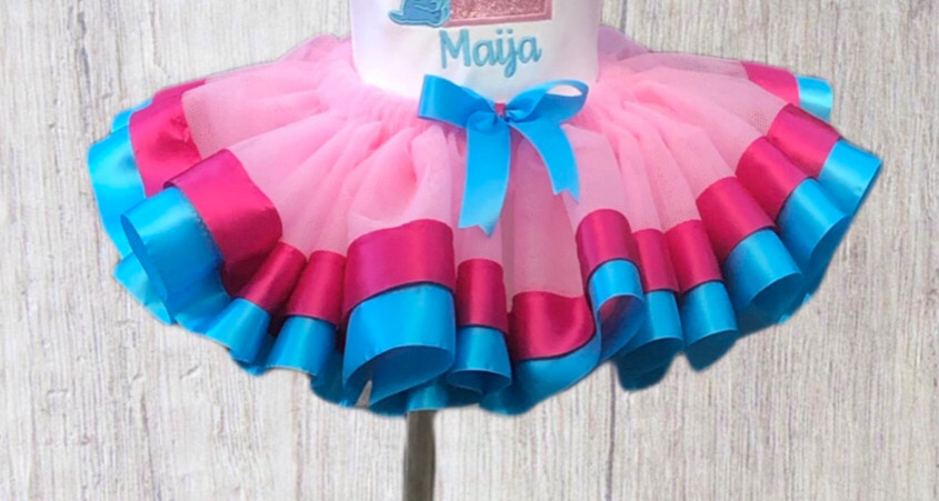  Ribbon trim tutu-pink tulle aqua pink ribbon