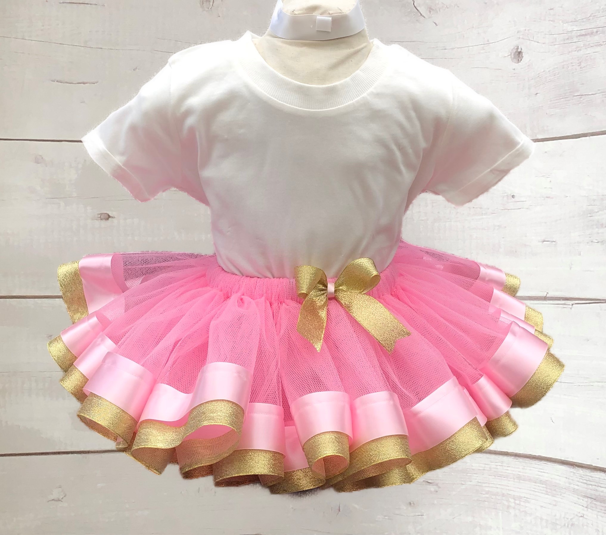  Ribbon trim tutu- pink tulle pink gold ribbon
