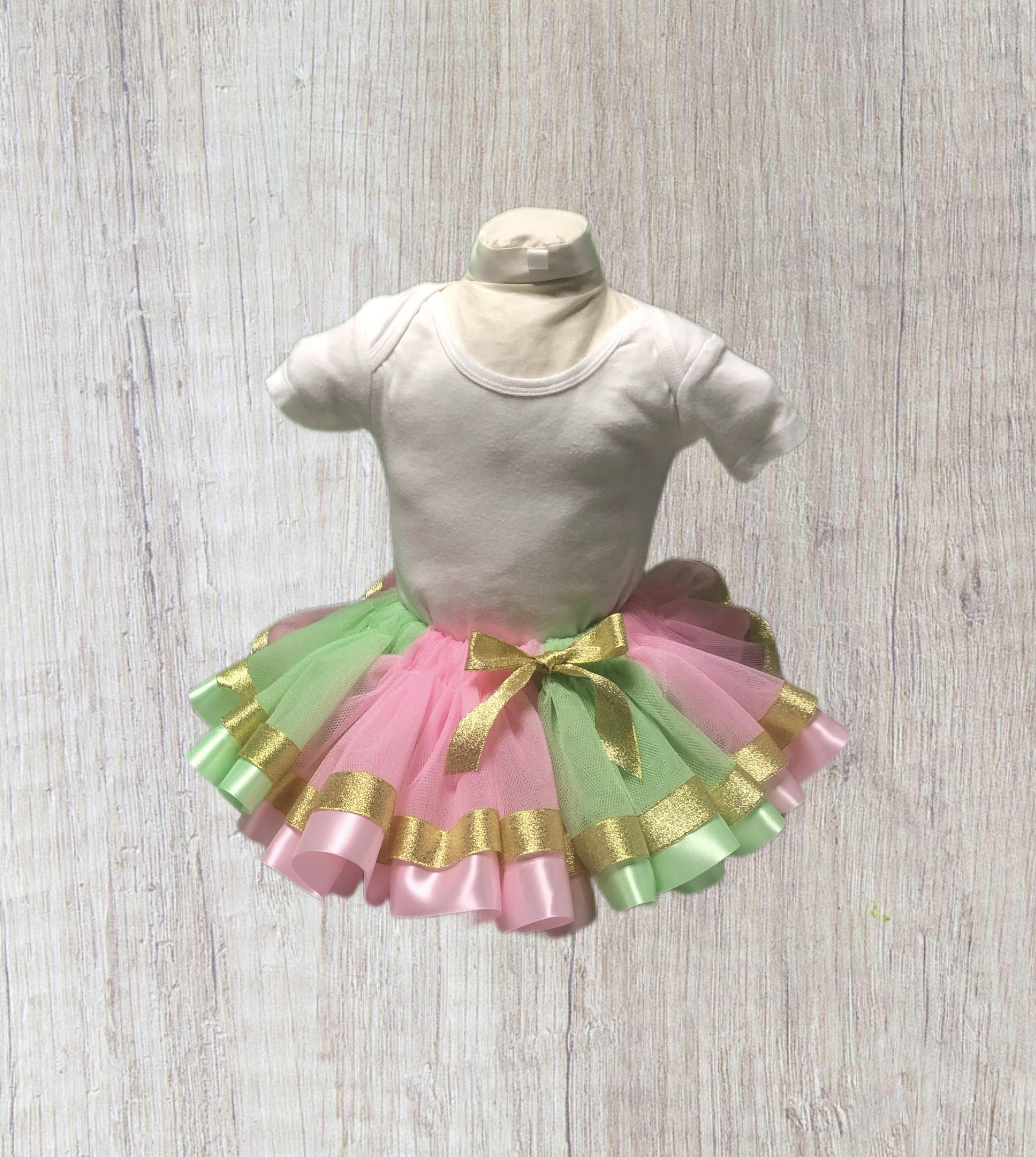  Ribbon trim tutu-pink mint tulle gold pink mint ribbon