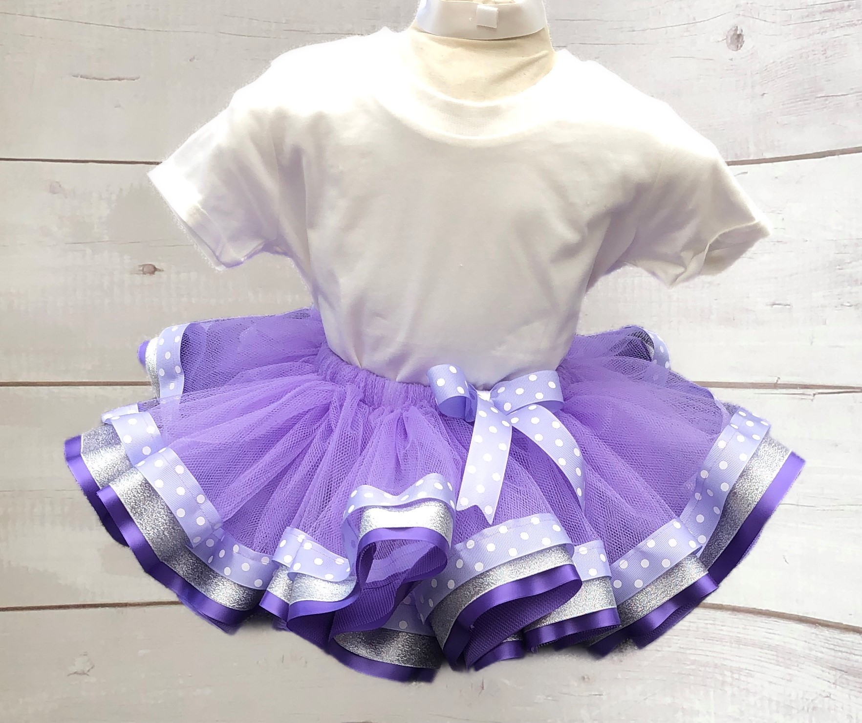  Ribbon trim tutu-purple tulle silver dk purple and purple polka dot ribbon