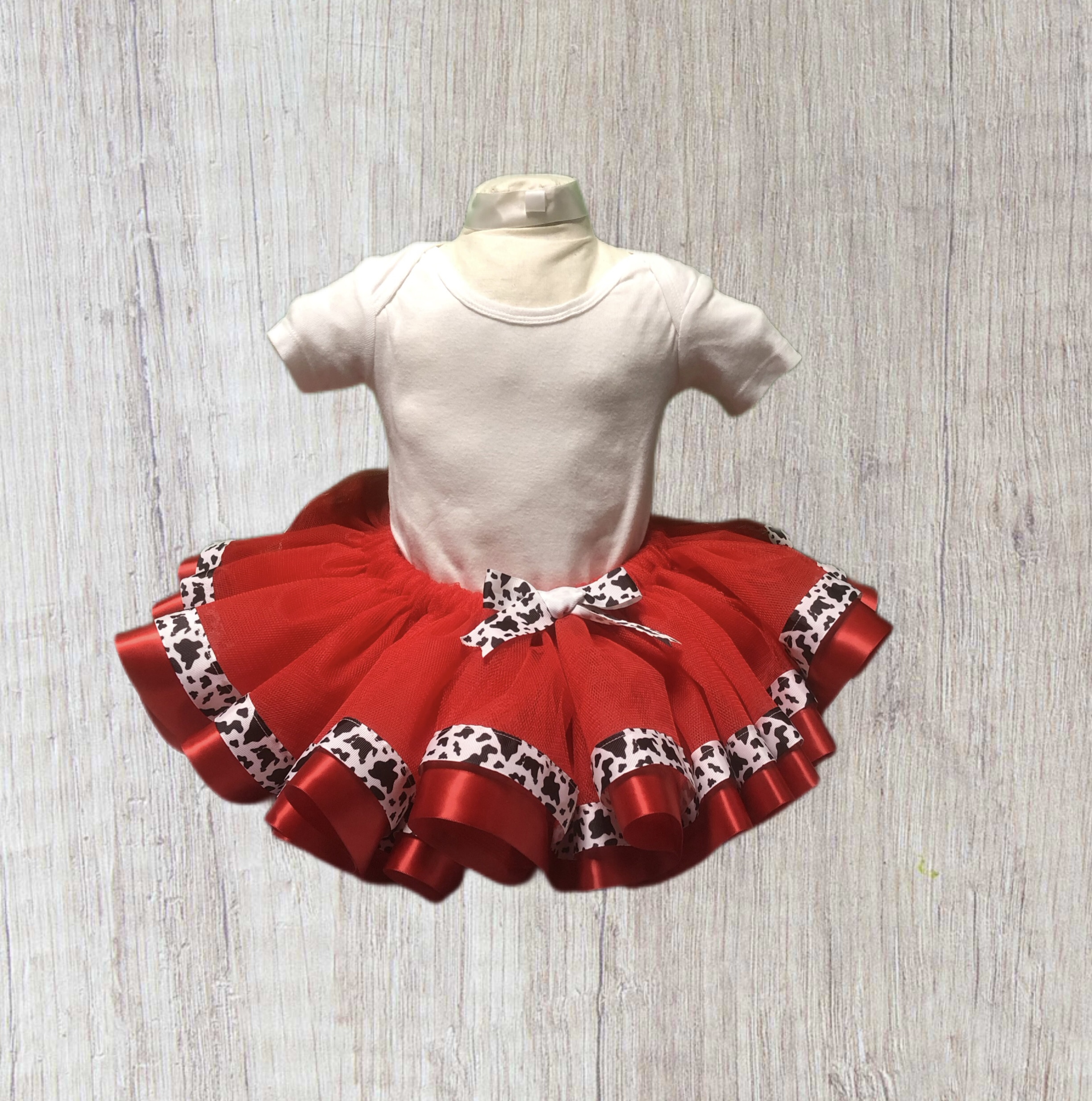  Ribbon trim tutu-red tulle cow print and red ribbon