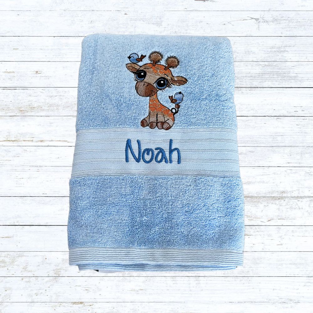 Personalised boy giraffe embroidered bath towels for kids