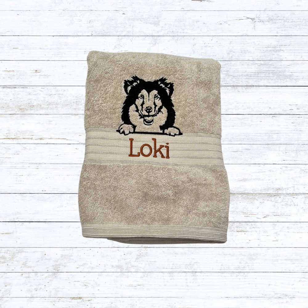 Personalised embroidered dog silhouette bath towels 