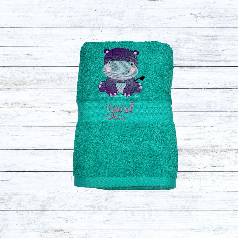 Personalised embroidered hippo bath towels for kids