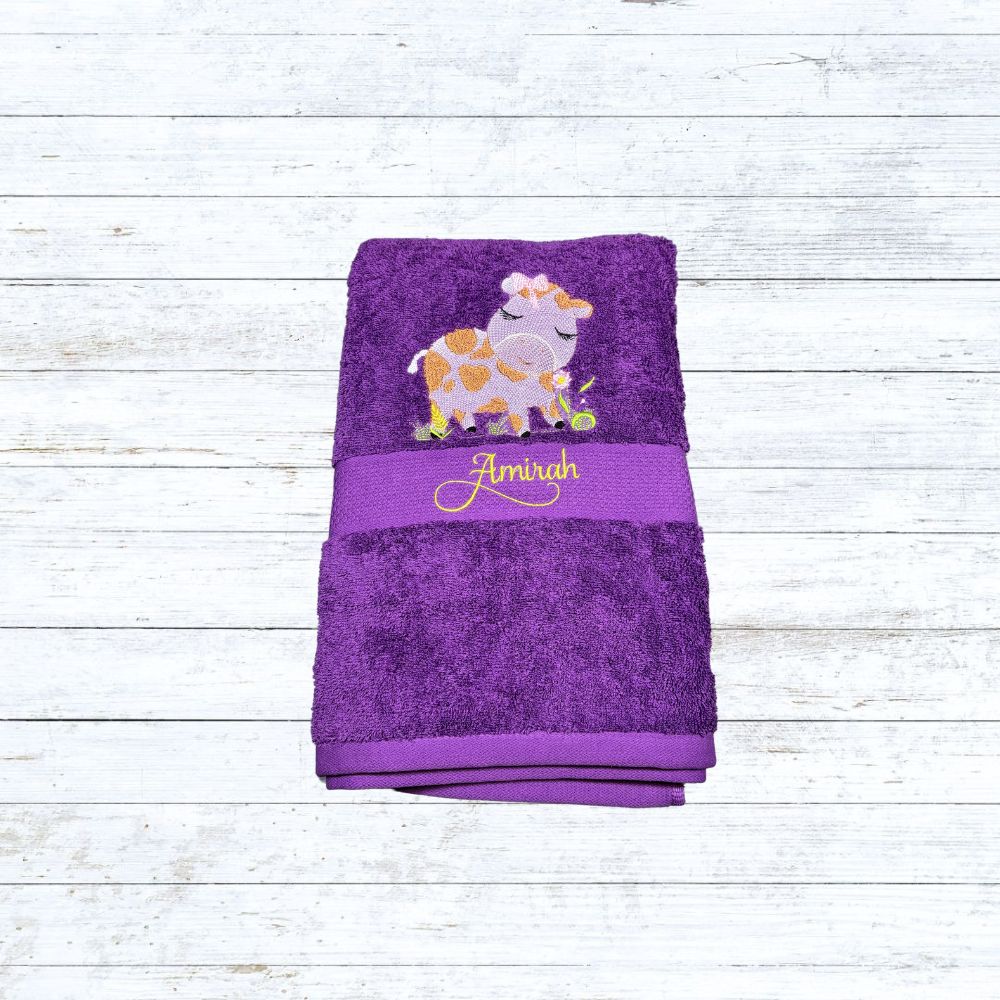 Personalised embroidered cow bath towels for kids