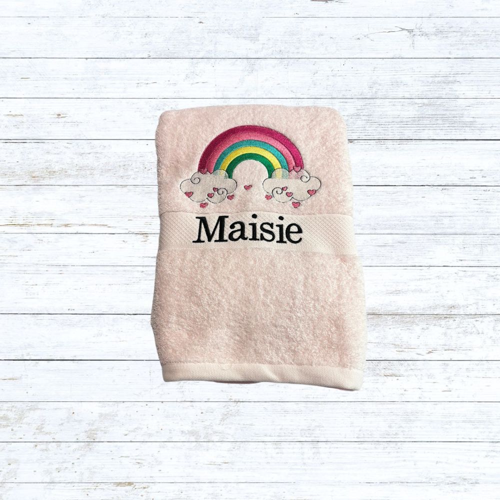 Personalised embroidered rainbow bath towels for kids