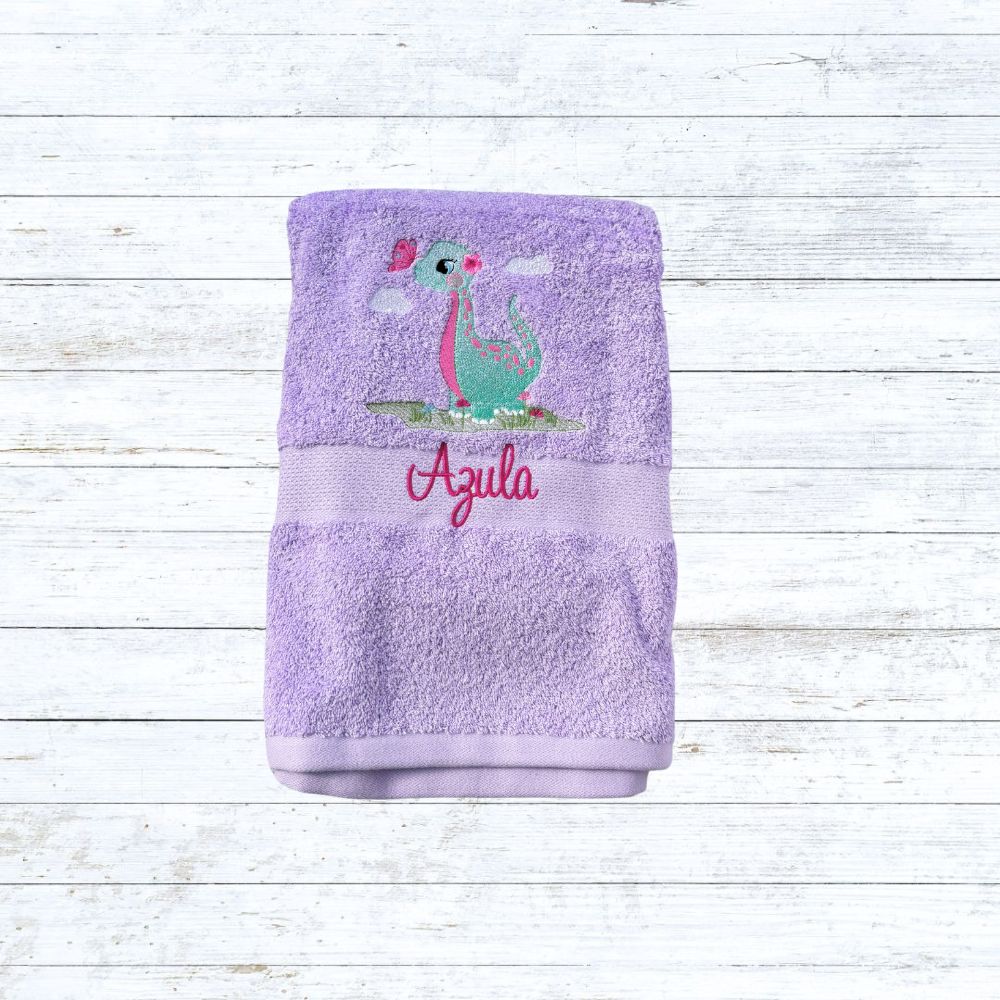 Personalised embroidered girl dinosaur bath towels for kids