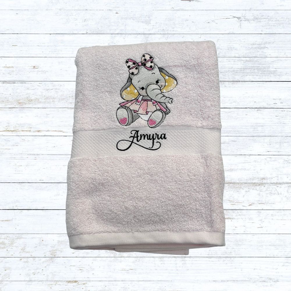 Personalised embroidered girl elephant bath towels for kids