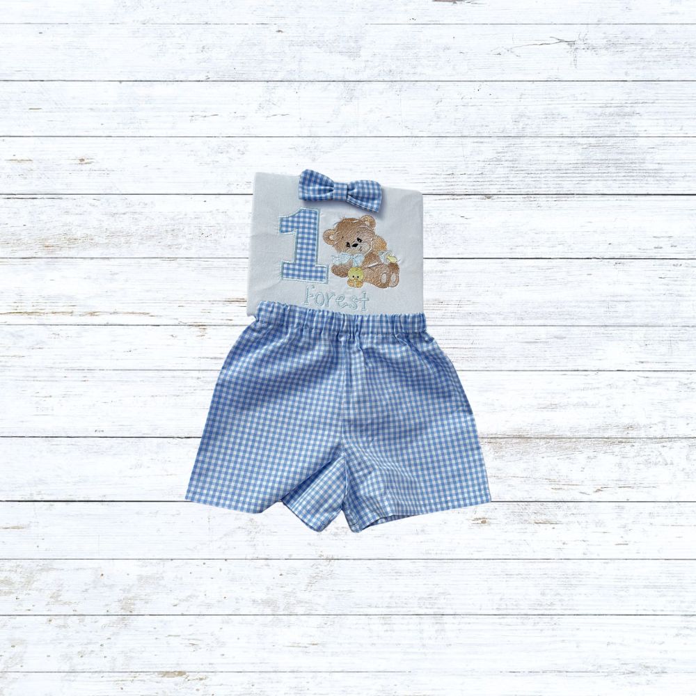 Boys teddy bear birthday outfit - blue gingham