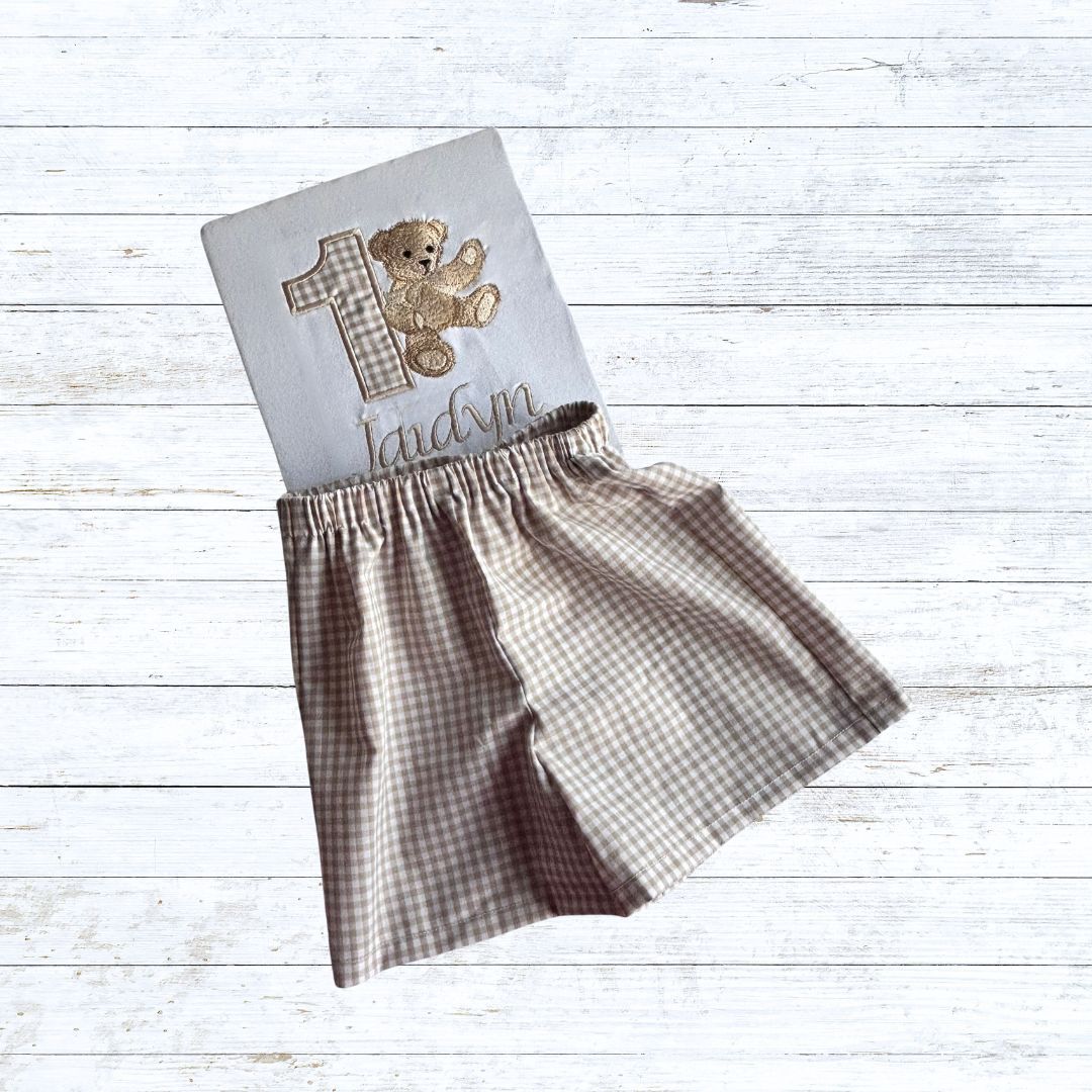 Boys teddy bear birthday outfit - brown gingham
