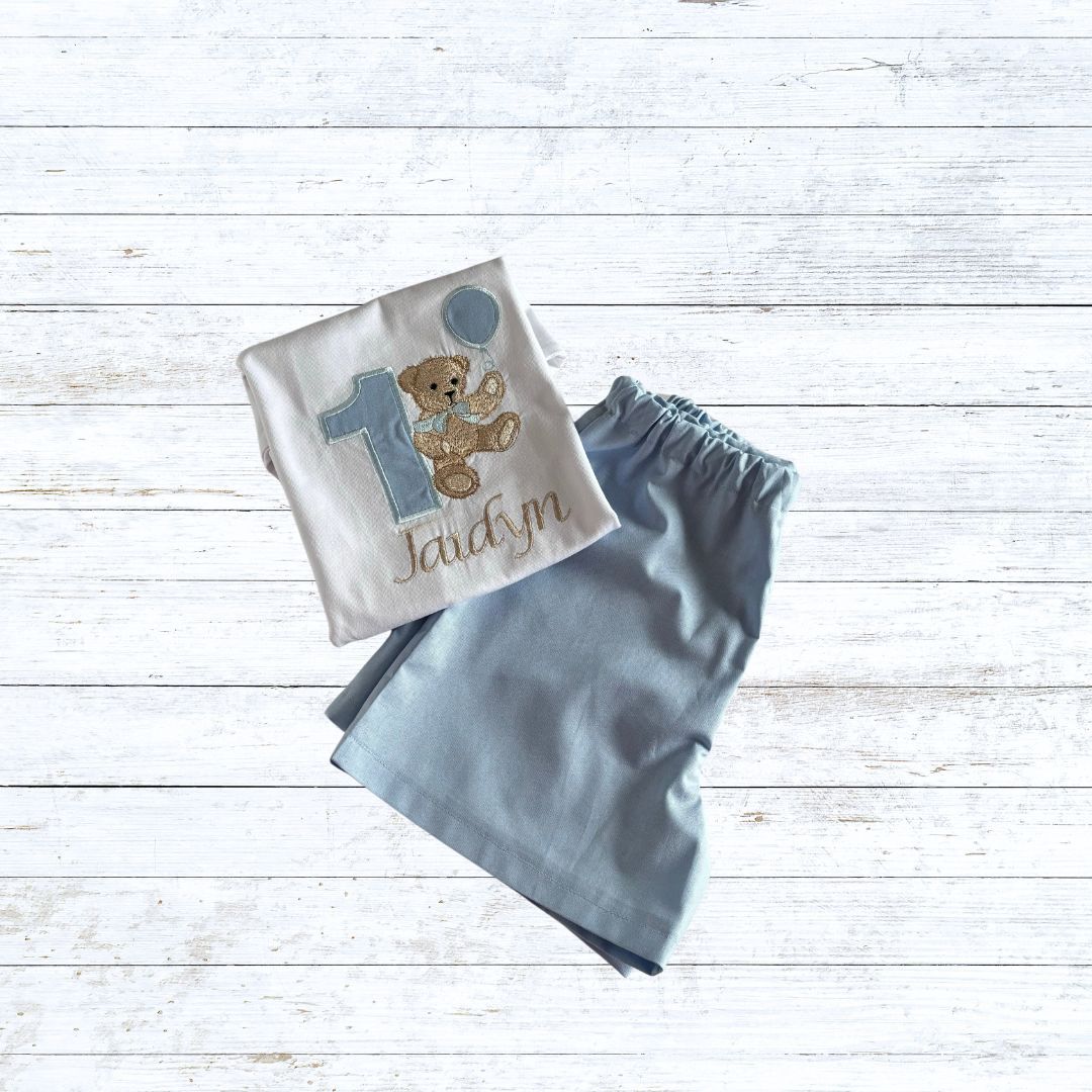 Boys teddy bear birthday outfit - Blue
