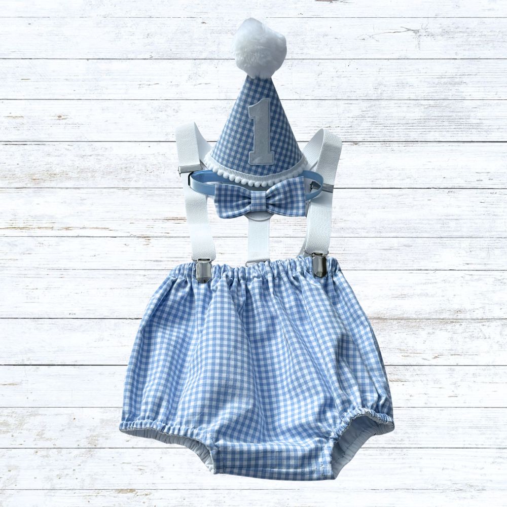 Light blue gingham 4 pc birthday outfit