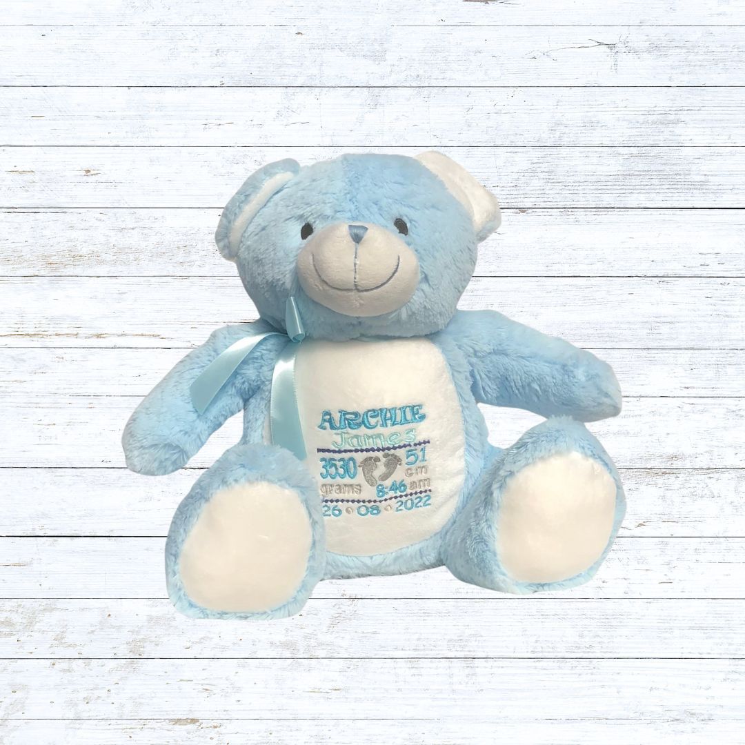 Personalised embroidered blue bear birth stat teddy