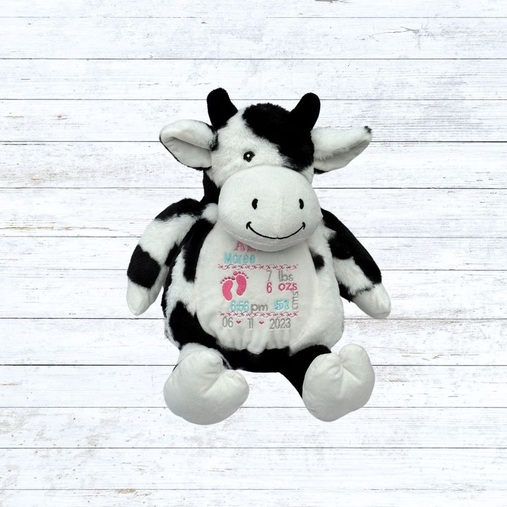 Personalised embroidered cow birth stat teddy