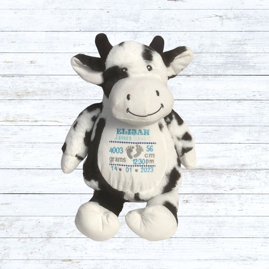Personalised embroidered cow birth stat teddy