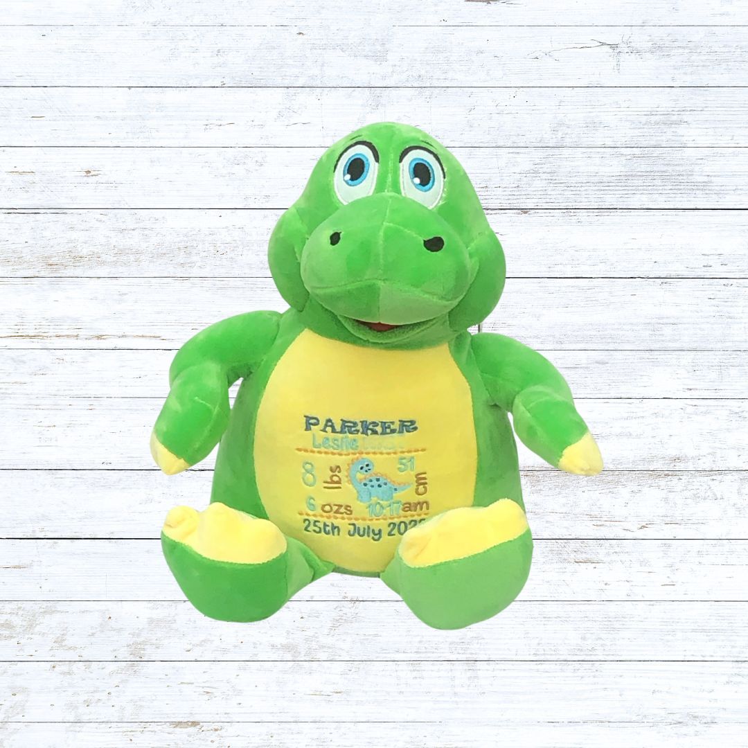 Personalised embroidered Dinosaur birth stat teddy