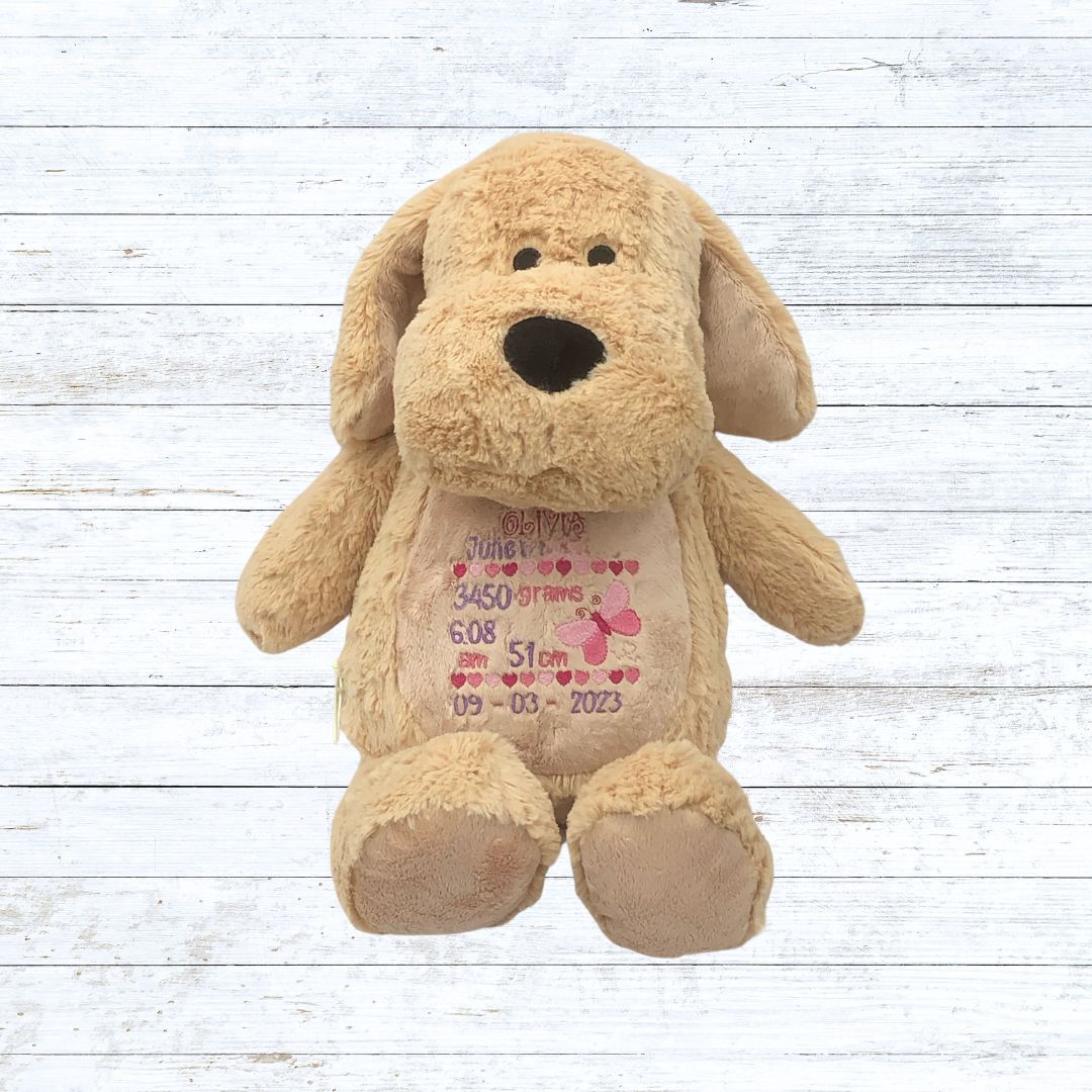 Personalised embroidered Dog birth stat teddy