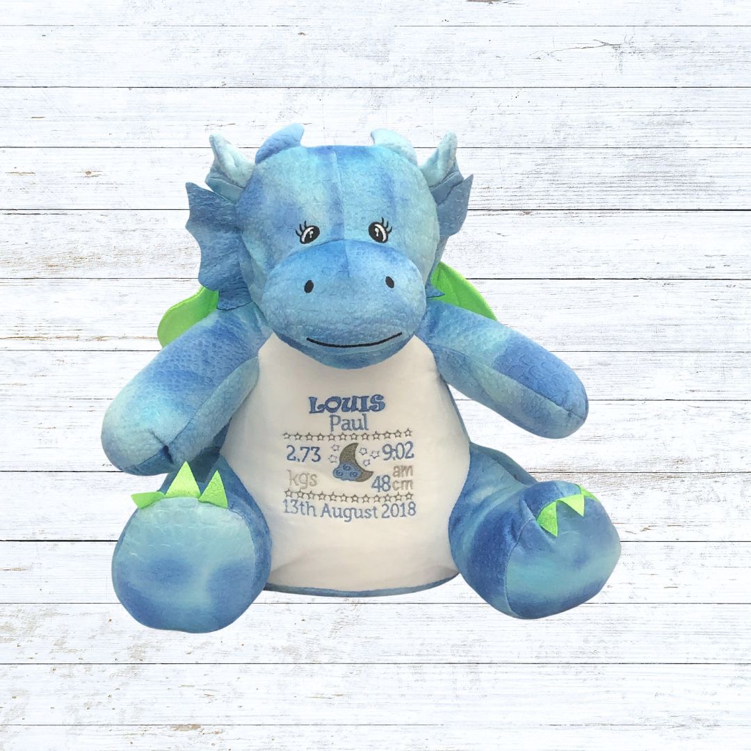 Personalised embroidered Dragon birth stat teddy