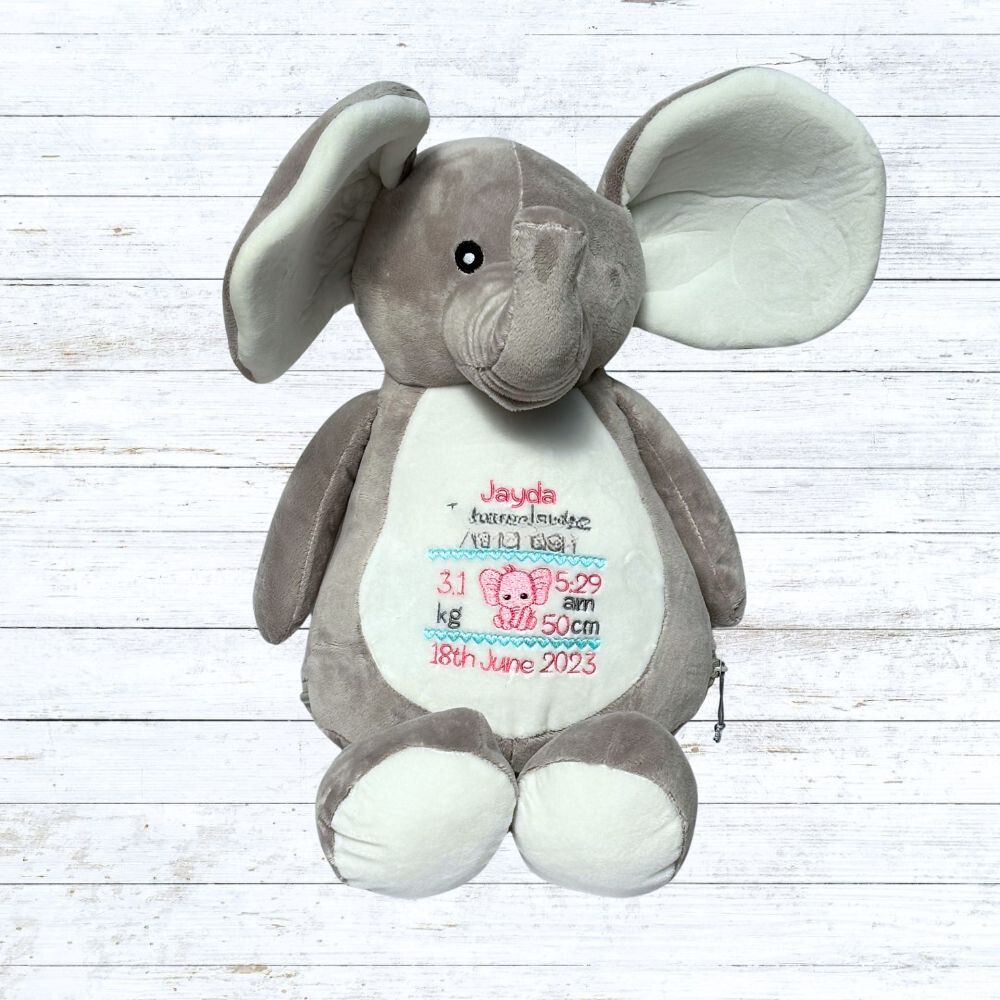 Personalised embroidered elephant birth stat teddy