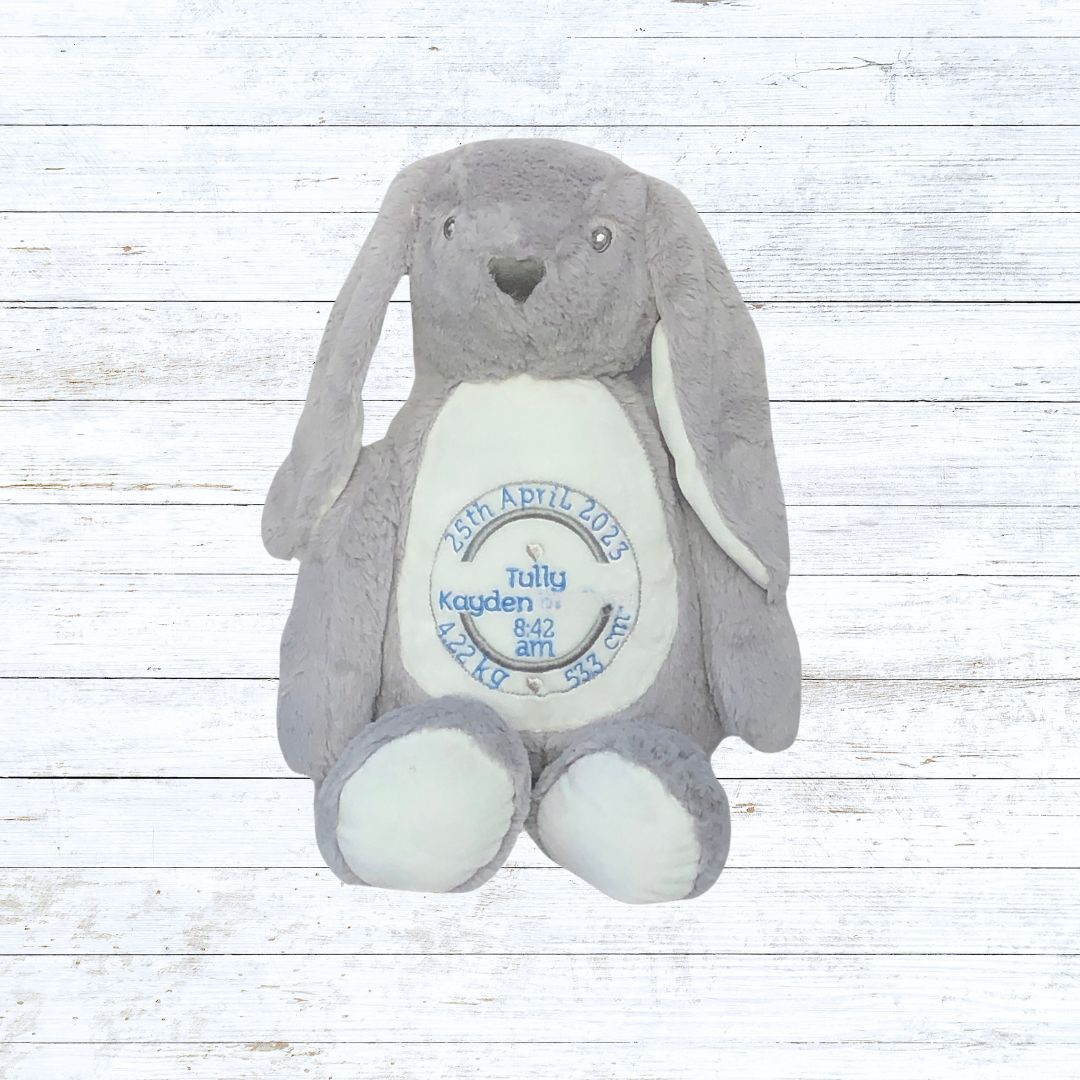Personalised embroidered grey rabbit birth stat teddy