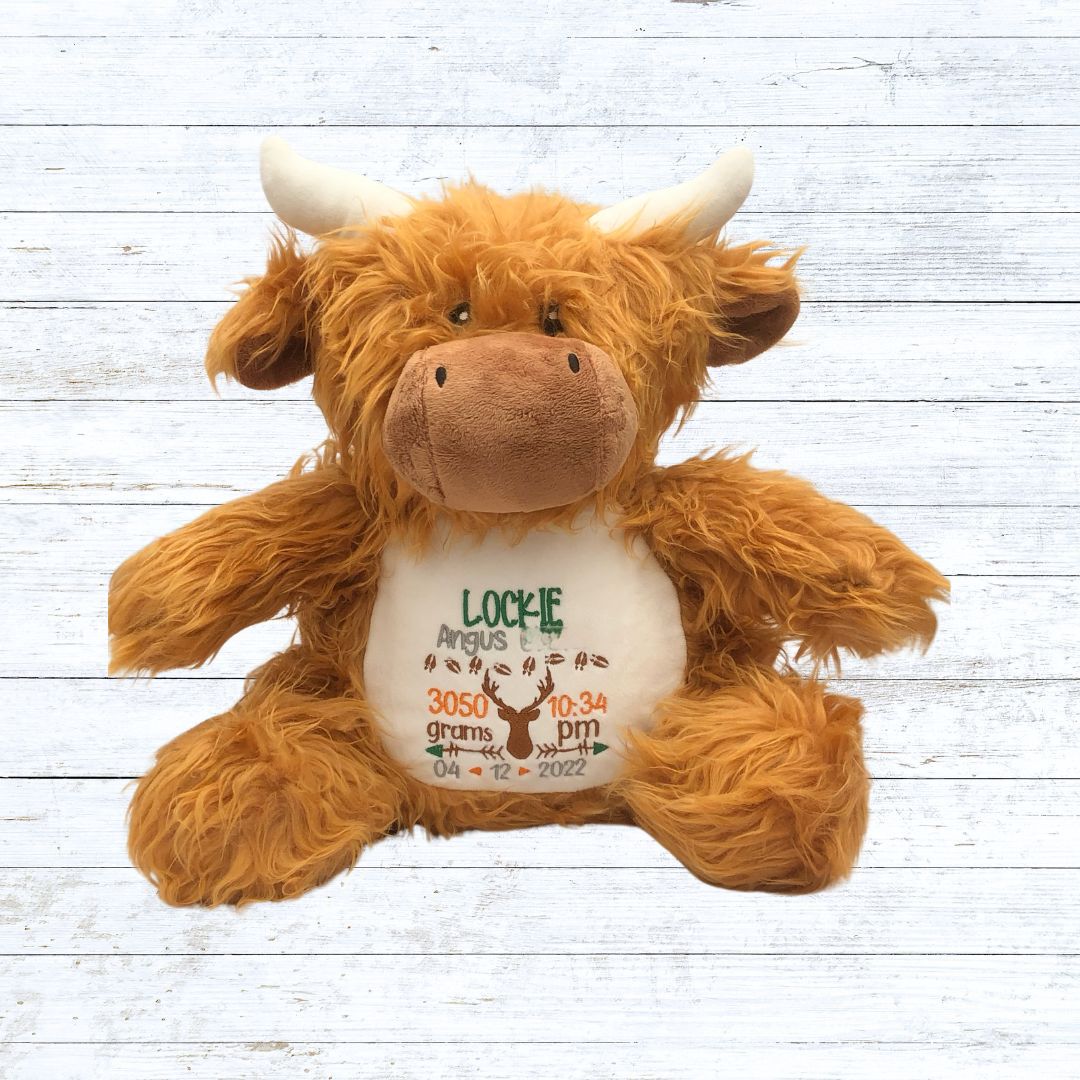Personalised embroidered highland cow birth stat teddy