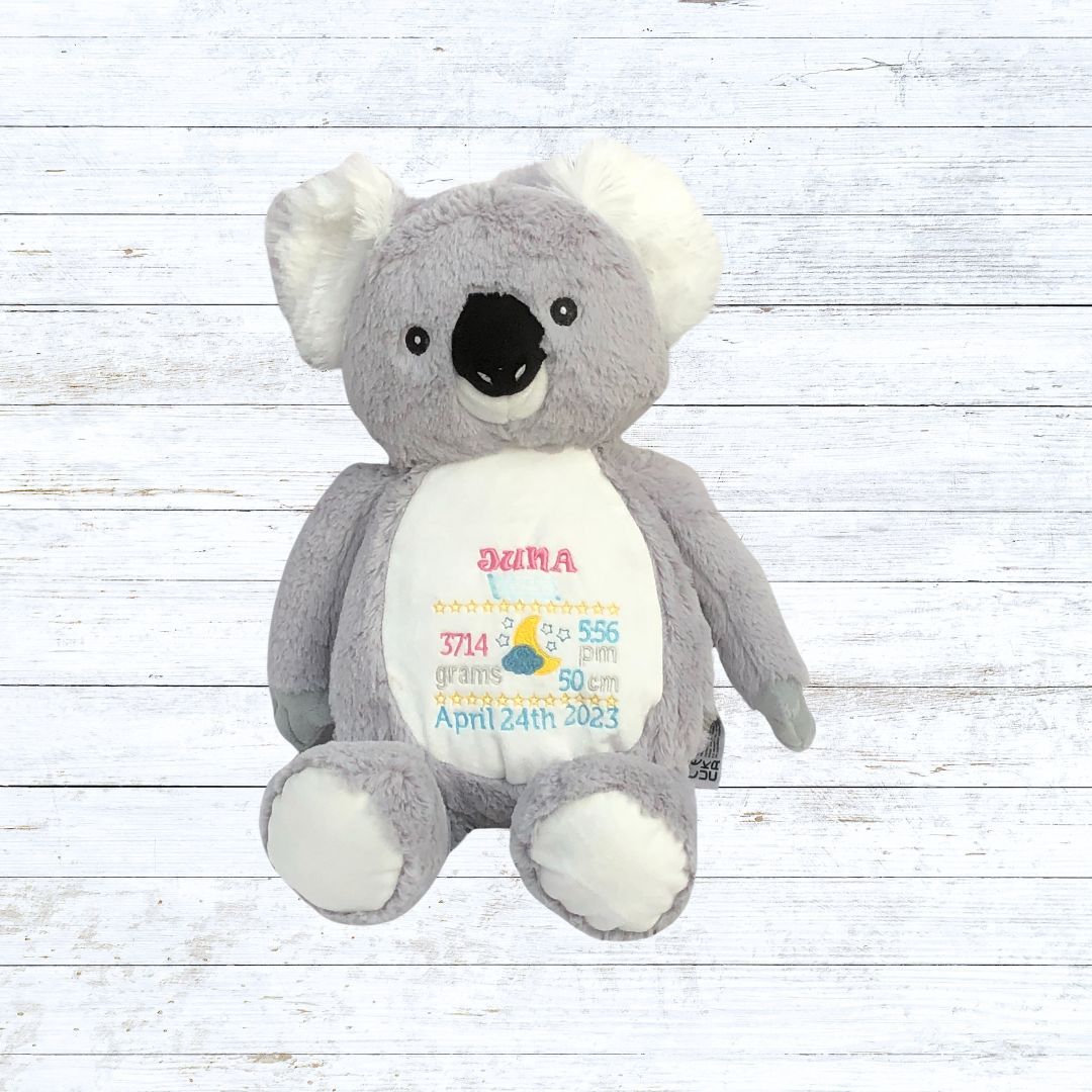 Personalised embroidered Koala birth stat teddy