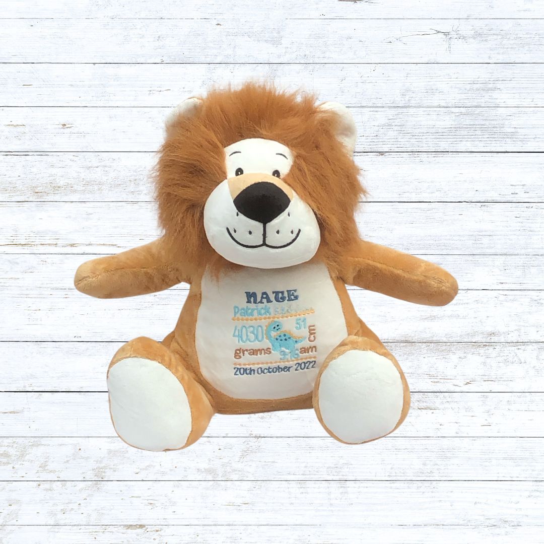 Personalised embroidered Lion birth stat teddy
