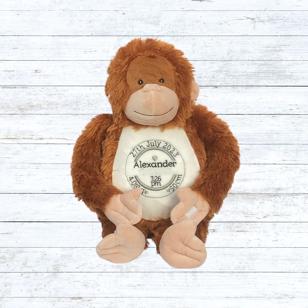 Personalised embroidered orangutan birth stat teddy