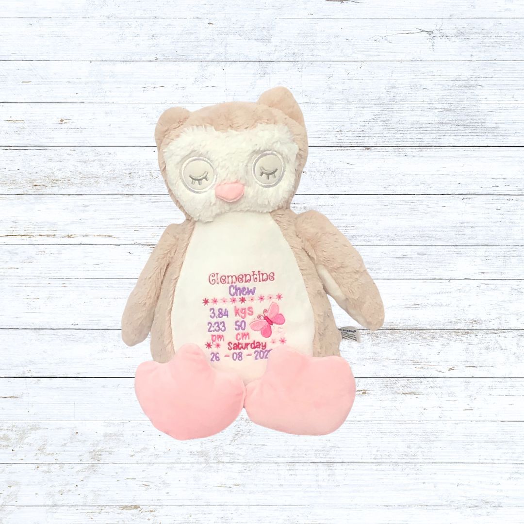 Personalised embroidered owl birth stat teddy