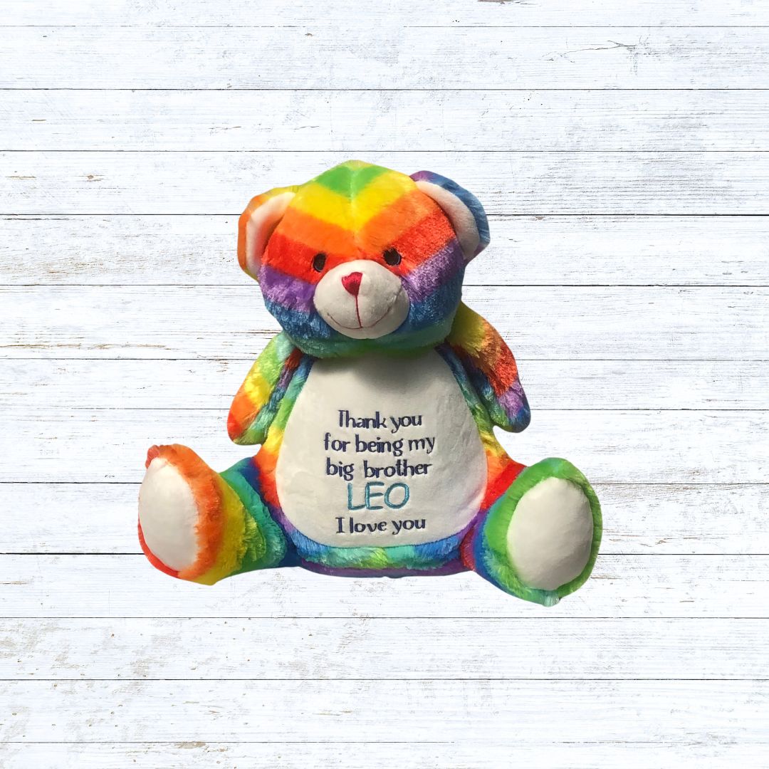 Personalised embroidered rainbow bear bear birth stat teddy