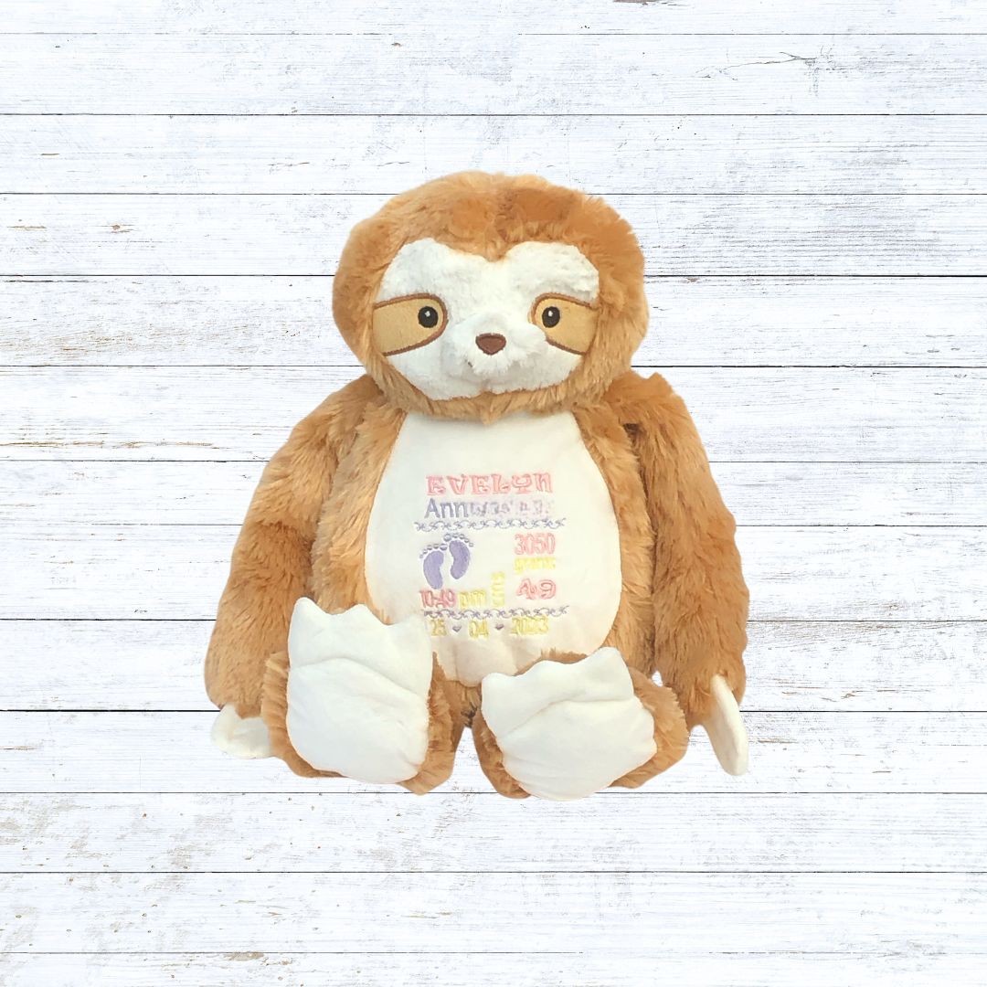 Personalised embroidered sloth bear birth stat teddy