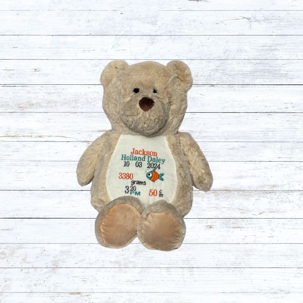 Personalised embroidered tan bear birth stat teddy