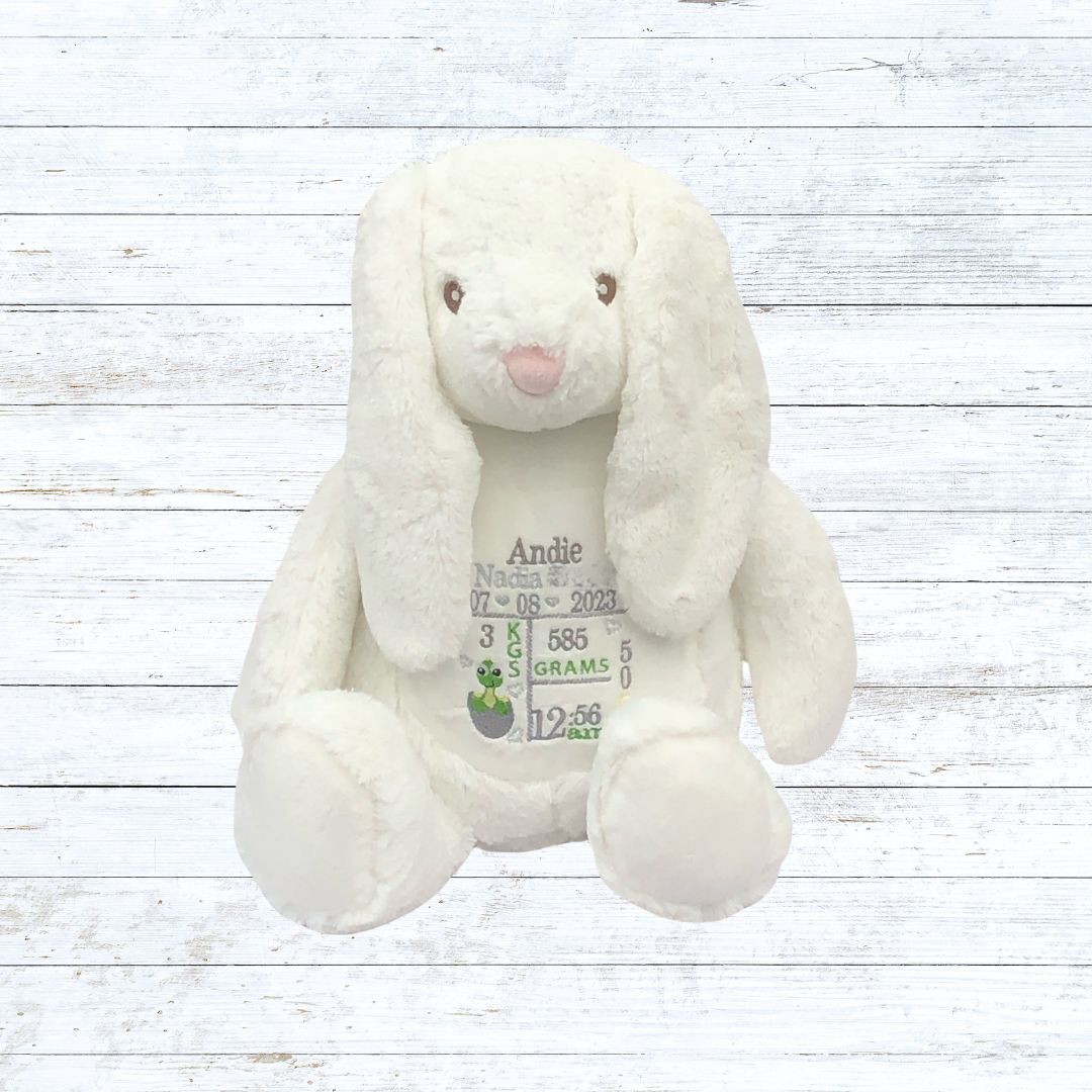Personalised embroidered white rabbit  birth stat teddy