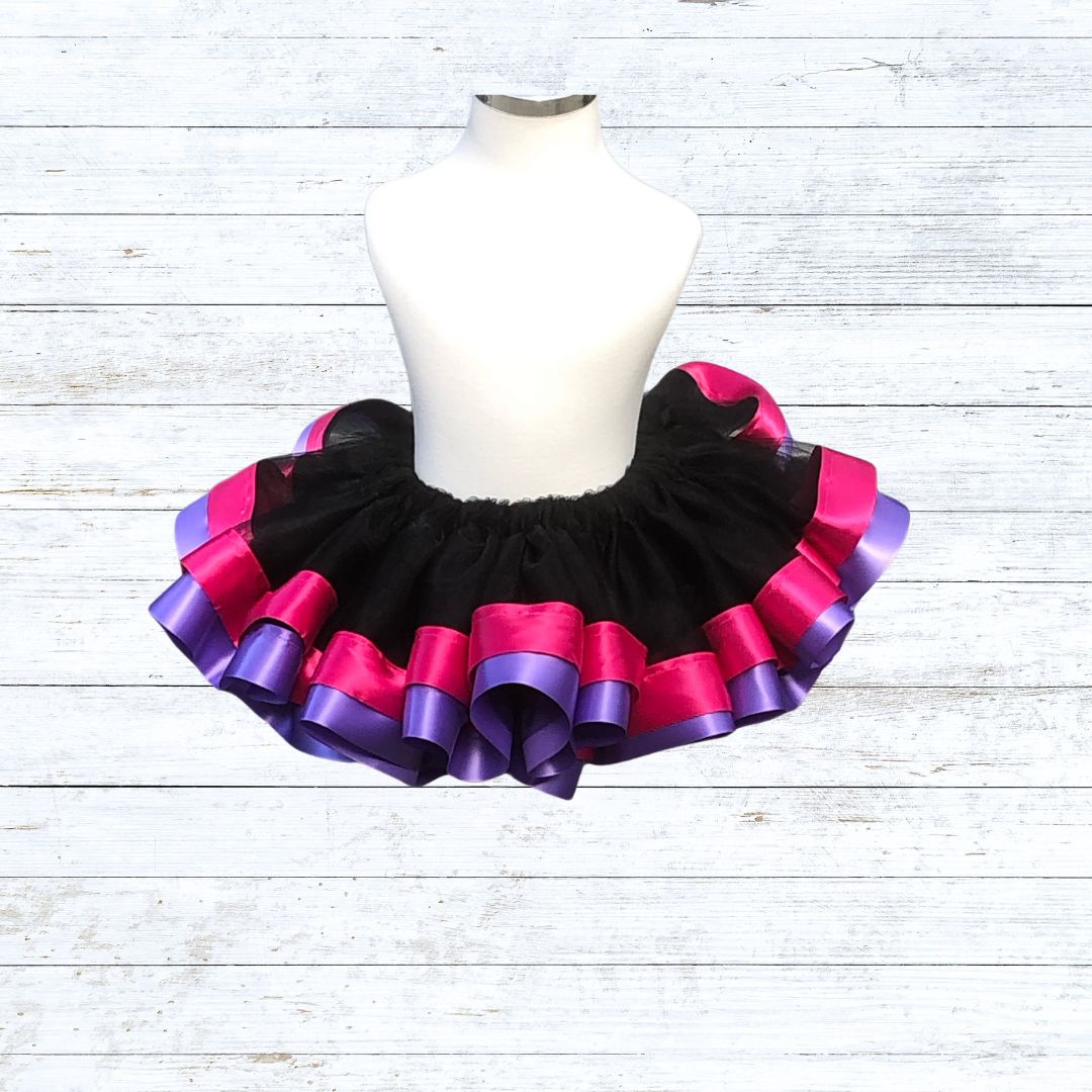 Ribbon trim tutu-black tulle pink purple ribbon