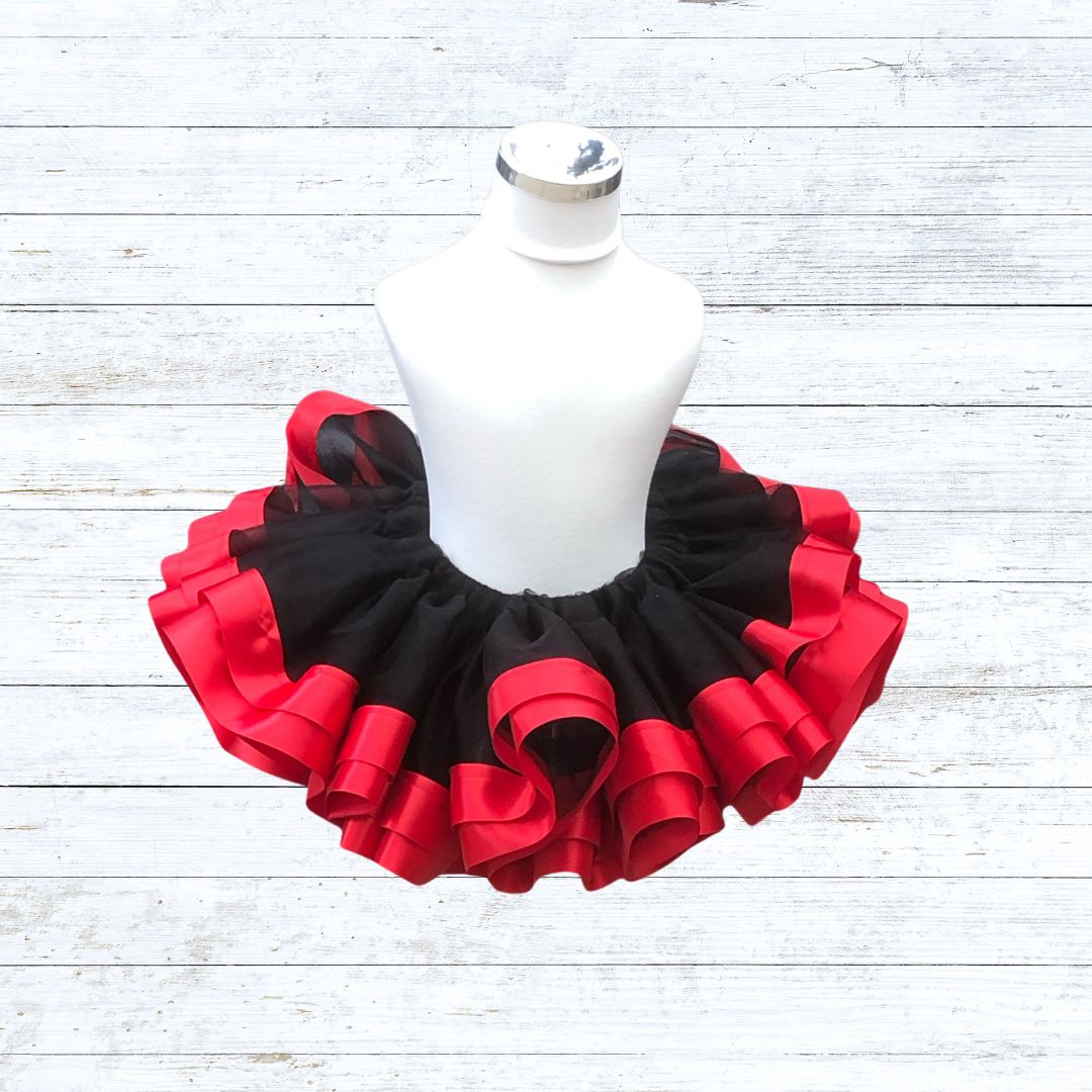 Ribbon trim tutu-black tulle red ribbon