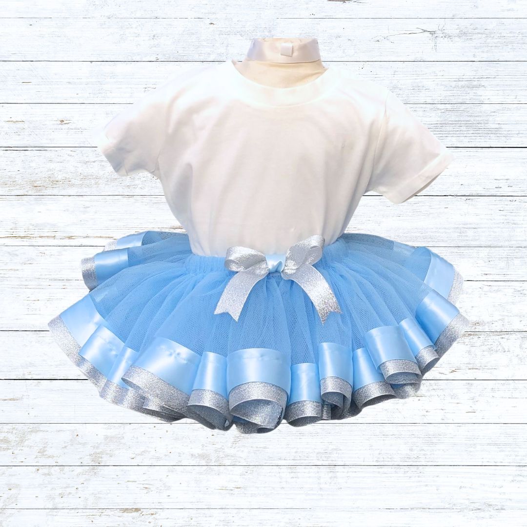  Ribbon trim tutu-blue tulle silver blue ribbon
