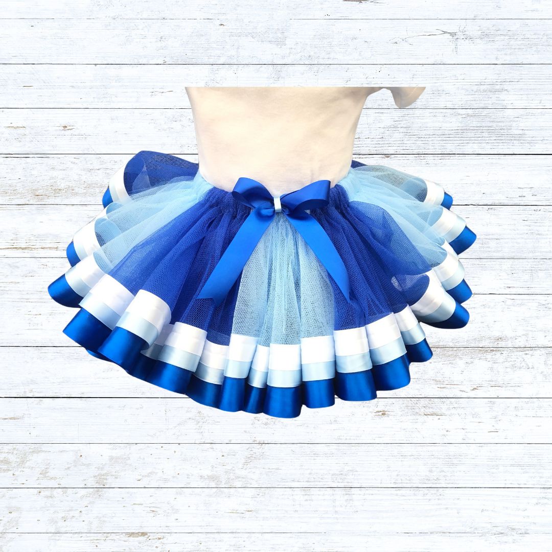 Ribbon trim tutu- blue tulle white light and royal blue ribbon
