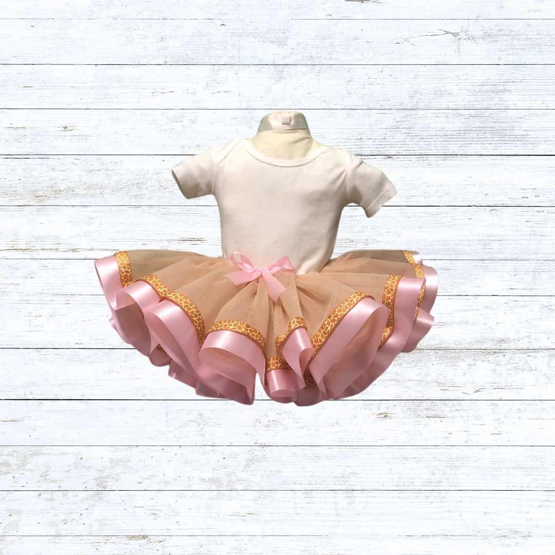  Ribbon trim tutu-bone tulle pink giraffe print ribbon