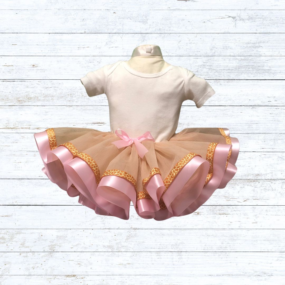 Ribbon trim tutu-bone tulle pink giraffe print ribbon